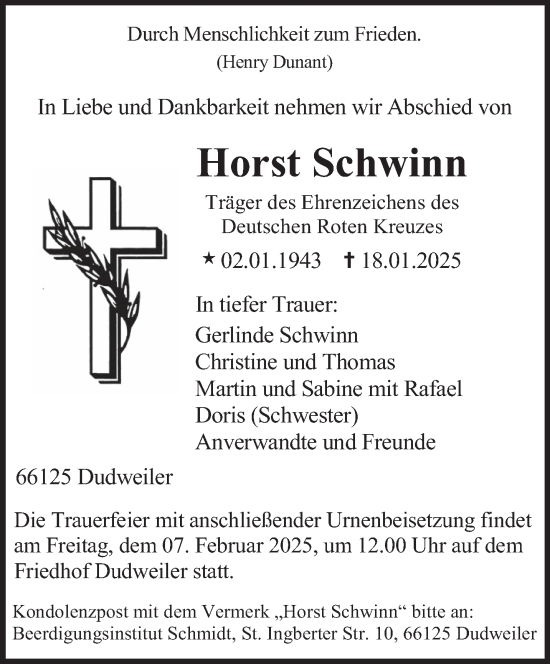 Todesanzeige von Horst Schwinn von saarbruecker_zeitung