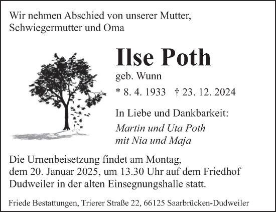 Todesanzeige von Ilse Poth von saarbruecker_zeitung