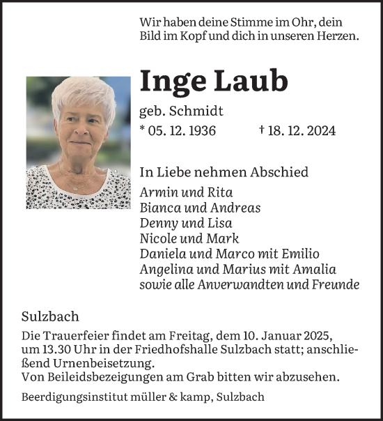 Todesanzeige von Inge Laub von saarbruecker_zeitung