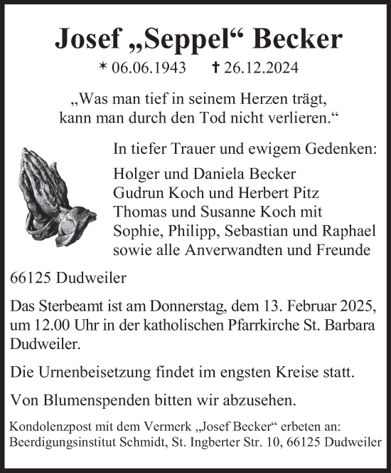 Todesanzeige von Josef Becker von saarbruecker_zeitung