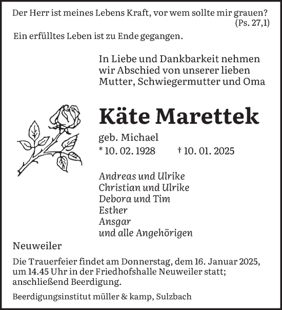 Todesanzeige von Käte Marettek von saarbruecker_zeitung