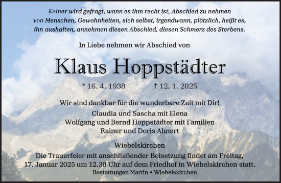 Todesanzeige von Klaus Hoppstädter von saarbruecker_zeitung