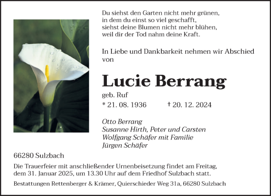 Todesanzeige von Lucie Berrang von saarbruecker_zeitung