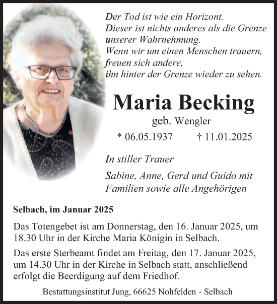 Todesanzeige von Maria Becking von saarbruecker_zeitung