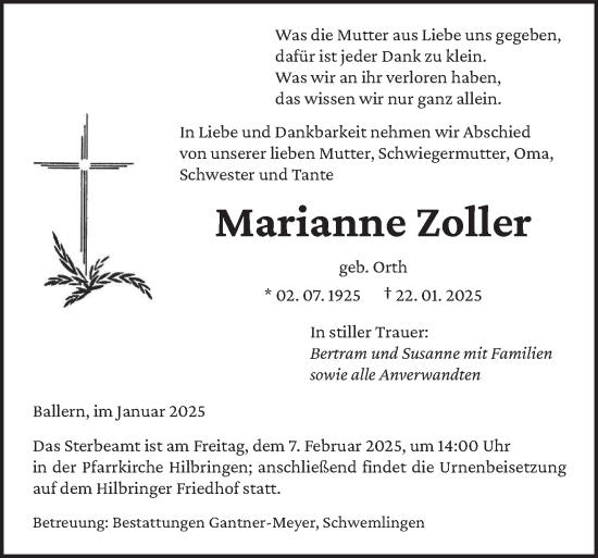 Todesanzeige von Marianne Zoller von saarbruecker_zeitung