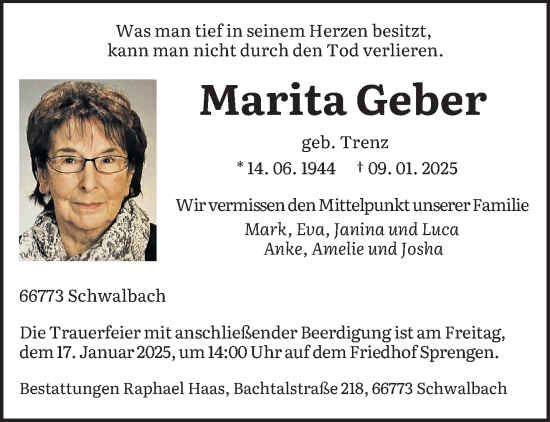 Todesanzeige von Marita Geber von saarbruecker_zeitung