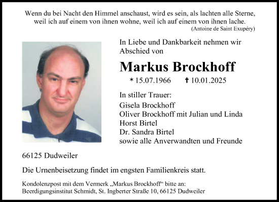 Todesanzeige von Markus Brockhoff von saarbruecker_zeitung