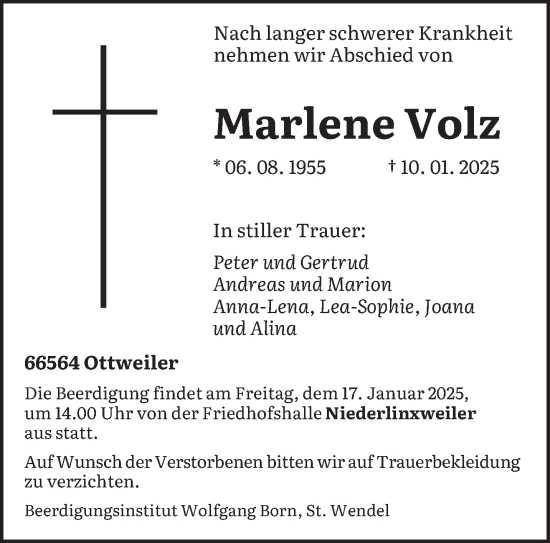 Todesanzeige von Marlene Volz von saarbruecker_zeitung