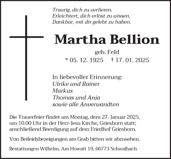 Todesanzeige von Martha Bellion von saarbruecker_zeitung