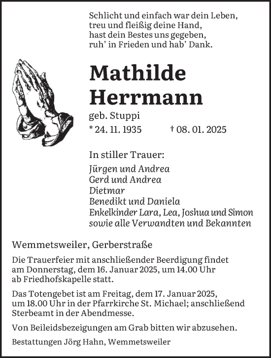 Todesanzeige von Mathilde Herrmann von saarbruecker_zeitung