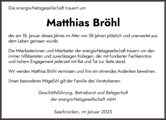 Todesanzeige von Matthias Bröhl von saarbruecker_zeitung