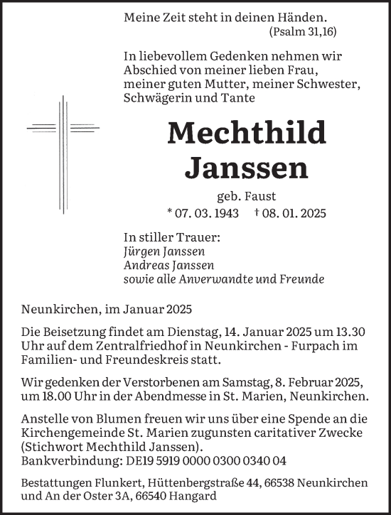 Todesanzeige von Mechthild Janssen von saarbruecker_zeitung