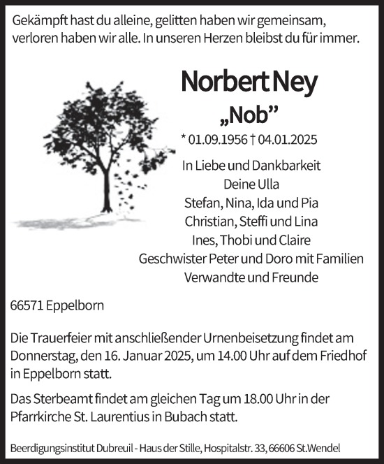 Todesanzeige von Norbert Ney von saarbruecker_zeitung