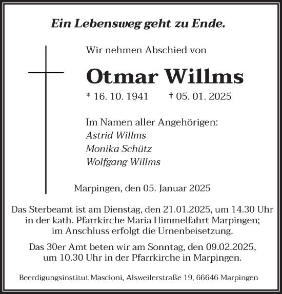 Todesanzeige von Otmar Willms von saarbruecker_zeitung