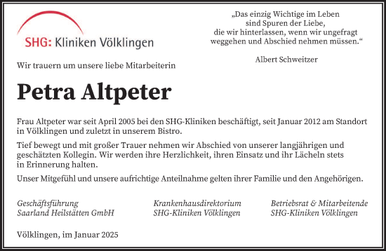 Todesanzeige von Petra Altpeter von saarbruecker_zeitung