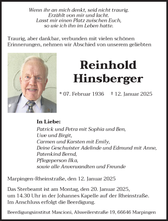 Todesanzeige von Reinhold Hinsberger von saarbruecker_zeitung