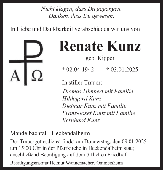 Todesanzeige von Renate Kunz von saarbruecker_zeitung