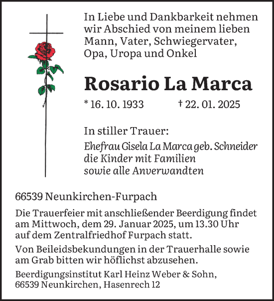 Todesanzeige von Rosario La Marca von saarbruecker_zeitung