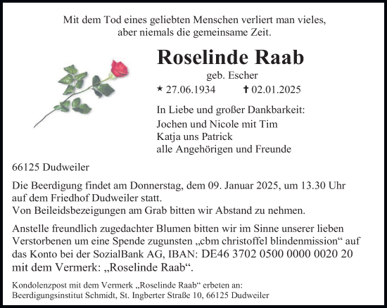 Todesanzeige von Roselinde Raab von saarbruecker_zeitung