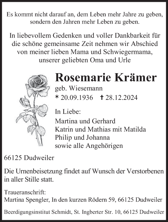 Todesanzeige von Rosemarie Krämer von saarbruecker_zeitung