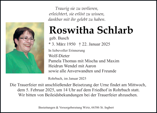 Todesanzeige von Roswitha Schlarb von saarbruecker_zeitung