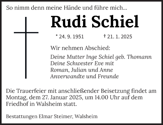 Todesanzeige von Rudi Schiel von saarbruecker_zeitung