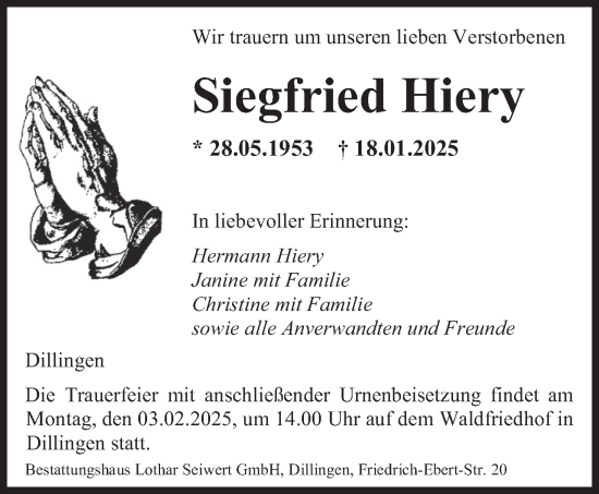 Todesanzeige von Siegfried Hiery von saarbruecker_zeitung