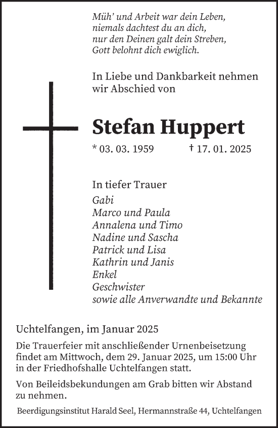 Todesanzeige von Stefan Huppert von saarbruecker_zeitung