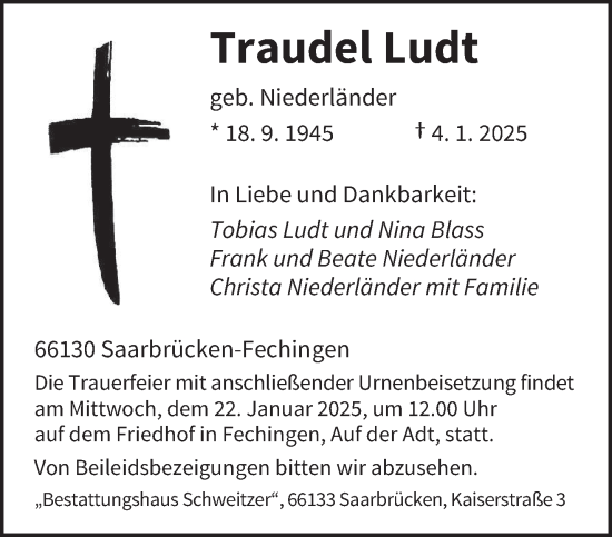 Todesanzeige von Traudel Ludt von saarbruecker_zeitung