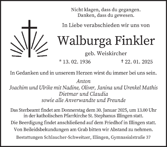 Todesanzeige von Walburga Finkler von saarbruecker_zeitung