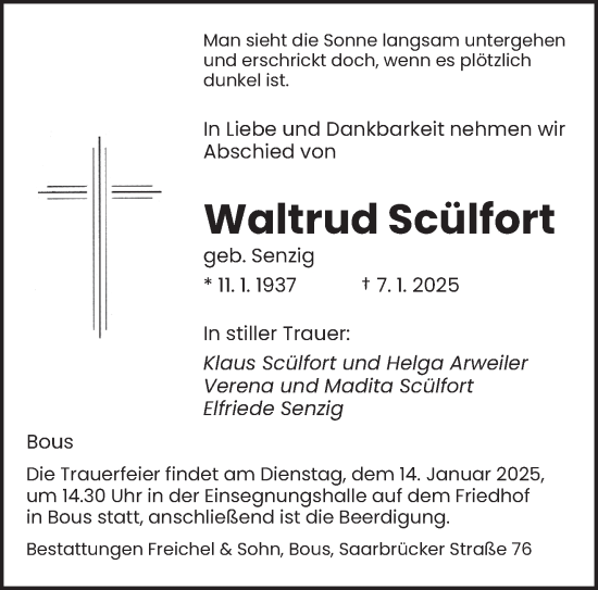 Todesanzeige von Waltrud Scülfort von saarbruecker_zeitung