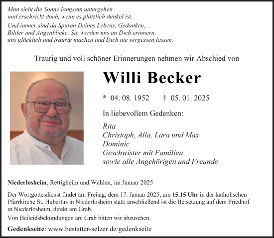 Todesanzeige von Willi Becker von saarbruecker_zeitung