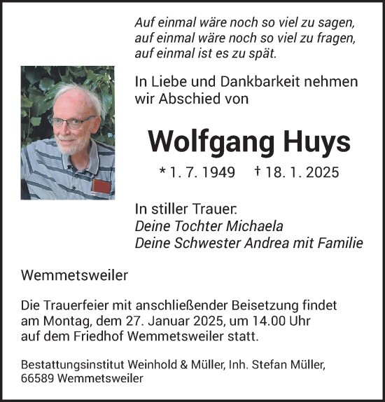 Todesanzeige von Wolfgang Huys von saarbruecker_zeitung