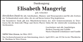 Todesanzeige von Elisabeth Mangerig von trierischer_volksfreund