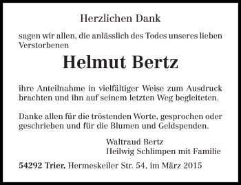 Todesanzeige von Helmut Bertz von trierischer_volksfreund