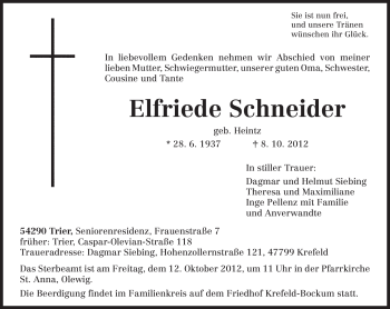 Todesanzeige von Elfriede Schneider von TRIERISCHER VOLKSFREUND