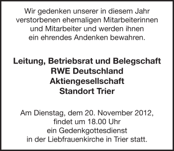 Todesanzeige von RWE Deutschland gedenkt von TRIERISCHER VOLKSFREUND