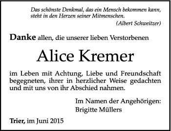 Todesanzeige von Alice Kremer von trierischer_volksfreund