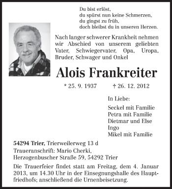 Todesanzeige von Alois Frankreiter von TRIERISCHER VOLKSFREUND