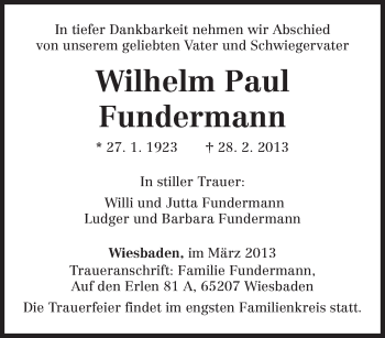 Todesanzeige von Wilhelm Paul Fundermann von TRIERISCHER VOLKSFREUND