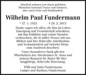 Todesanzeige von Wilhelm Paul Fundermann von TRIERISCHER VOLKSFREUND