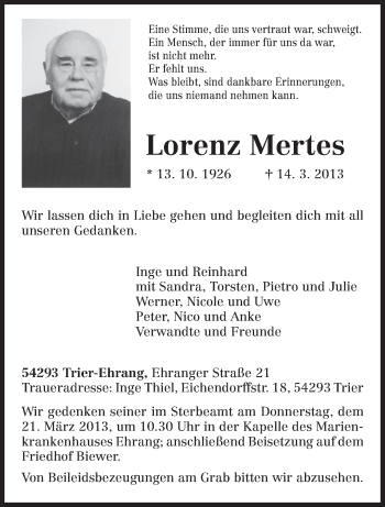 Todesanzeige von Lorenz Mertes von TRIERISCHER VOLKSFREUND