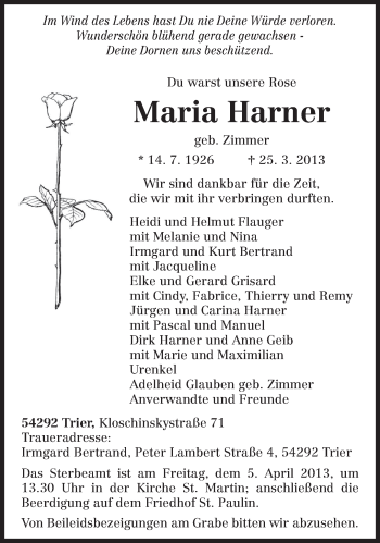 Todesanzeige von Maria Harner von TRIERISCHER VOLKSFREUND