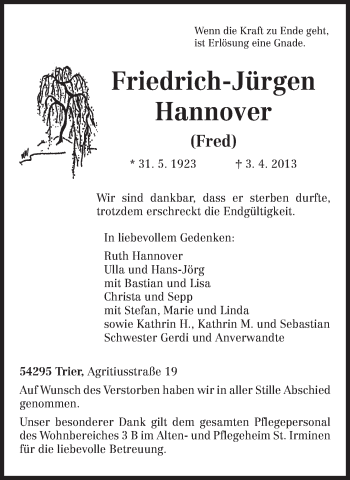 Todesanzeige von Friedrich-Jürgen Hannover von TRIERISCHER VOLKSFREUND