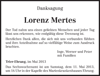 Todesanzeige von Lorenz Mertes von TRIERISCHER VOLKSFREUND