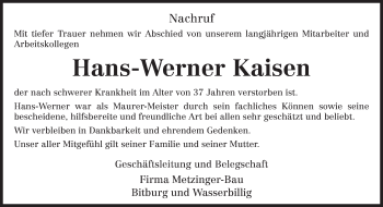 Todesanzeige von Hans-Werner Kaisen von TRIERISCHER VOLKSFREUND