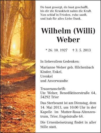 Todesanzeige von Wilhelm (Willi)  Weber von TRIERISCHER VOLKSFREUND