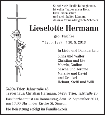 Todesanzeige von Lieselotte Hermann von TRIERISCHER VOLKSFREUND