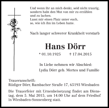 Todesanzeige von Hans Dörr von trierischer_volksfreund
