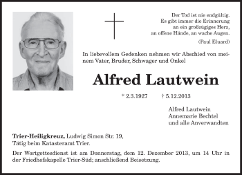 Todesanzeige von Alfred Lautwein von trierischer_volksfreund